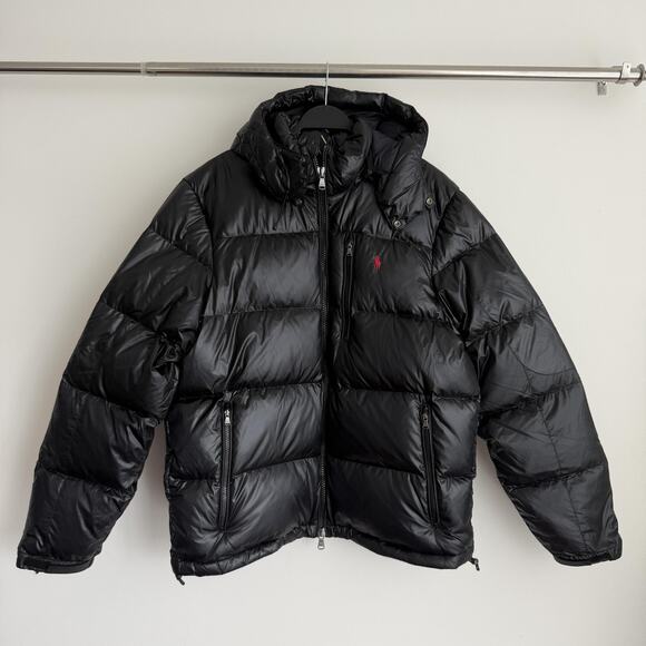 Polo Ralph Lauren Jacket Mens Large Black Gorham Glossed Down Puffer Quilted - Picture 1 of 16